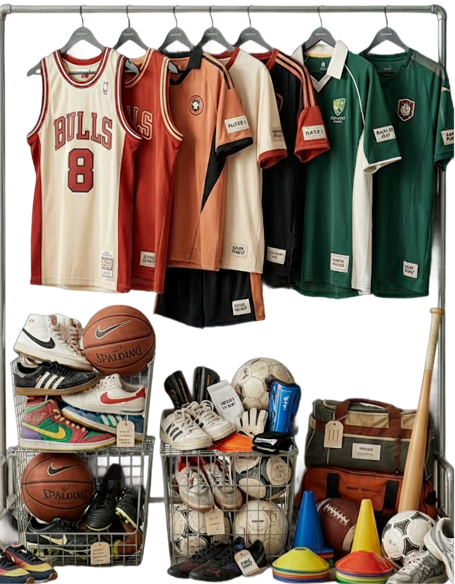 A rack of donated sports jerseys above baskets of shoes, balls, bats, and gear